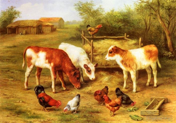 Edgar Hunt Peinture à l'huile - Veaux et poulets se nourrissant dans une basse-cour