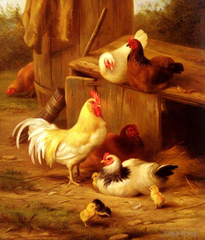 Edgar Hunt Peinture à l'huile - Poulets et poussins