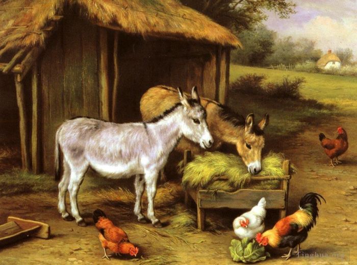 Edgar Hunt Peinture à l'huile - Poulets et ânes se nourrissant à l'extérieur d'une grange