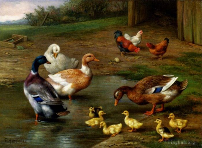 Edgar Hunt Peinture à l'huile - Poulets, canards et canetons pagayant