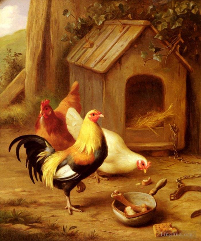 Edgar Hunt Peinture à l'huile - Alimentation des poulets