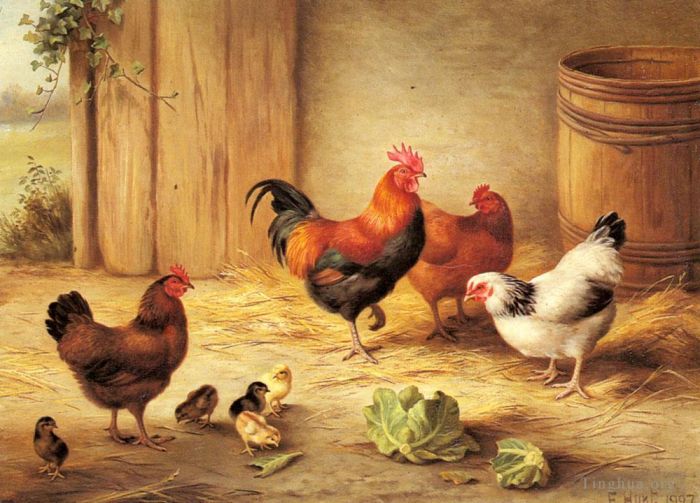 Edgar Hunt Peinture à l'huile - Poulets dans une basse-cour