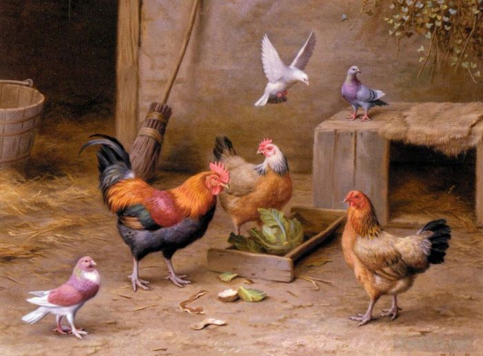 Edgar Hunt Peinture à l'huile - Poulets dans une basse-cour