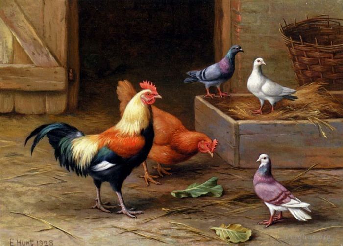 Edgar Hunt Peinture à l'huile - Poulets, Pigeons et une colombe