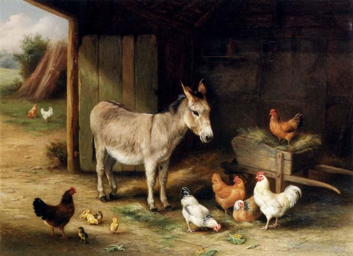Edgar Hunt Peinture à l'huile - Poules et poulets d'âne dans une grange
