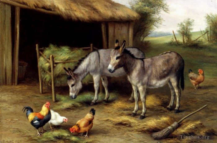 Edgar Hunt Peinture à l'huile - Ânes et volailles