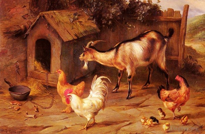 Edgar Hunt Peinture à l'huile - Poussins de volaille et chèvres par un chenil