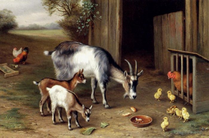Edgar Hunt Peinture à l'huile - Chèvres et volailles