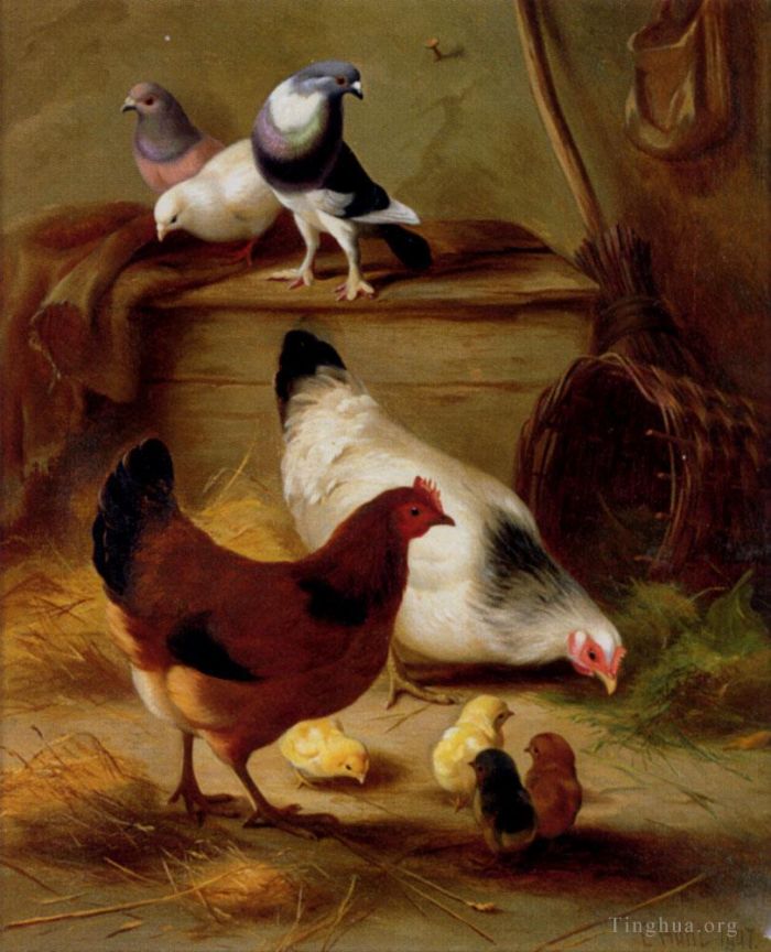Edgar Hunt Peinture à l'huile - Pigeons et poules