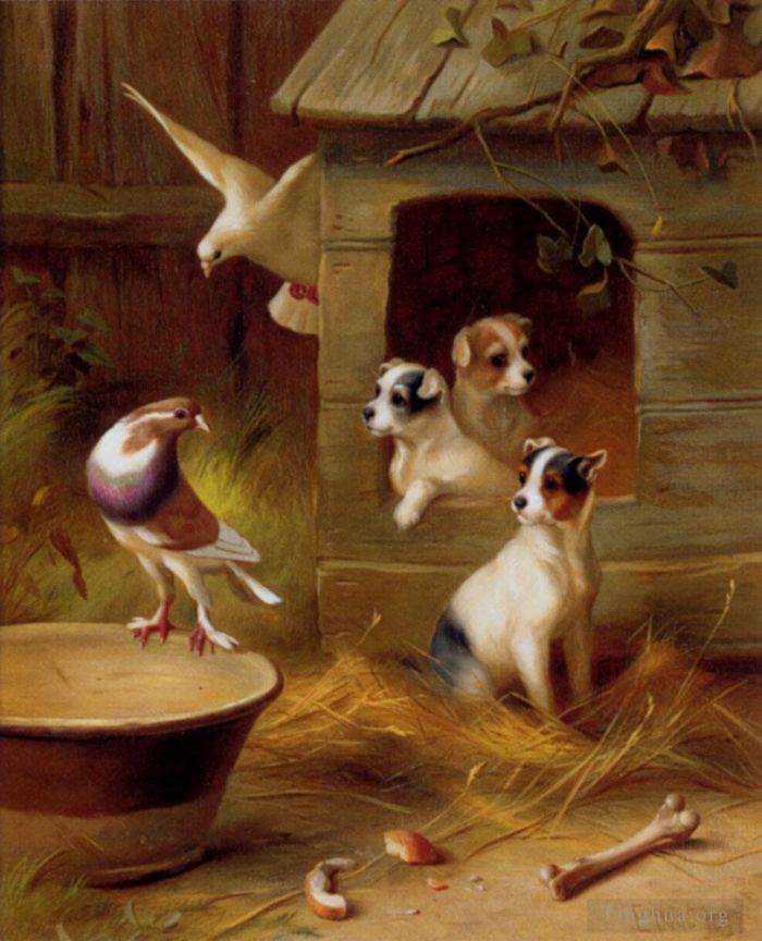 Edgar Hunt Peinture à l'huile - Pigeons et chiots