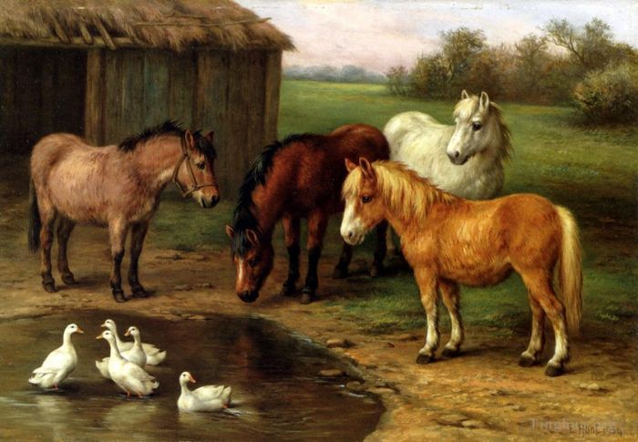 Edgar Hunt Peinture à l'huile - Poneys près d'un étang