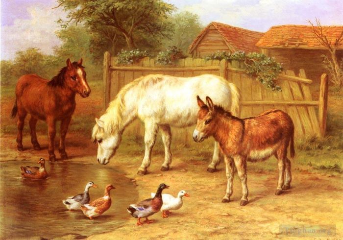 Edgar Hunt Peinture à l'huile - Poneys Donky et canards dans une basse-cour