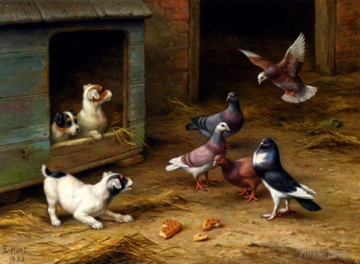 Edgar Hunt Peinture à l'huile - Chiots et pigeons jouant près d'un chenil