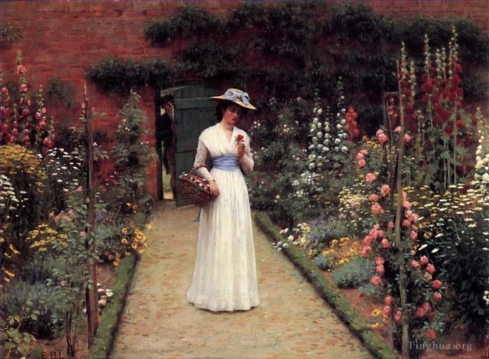 Edmund Leighton Peinture à l'huile - Dame dans un jardin