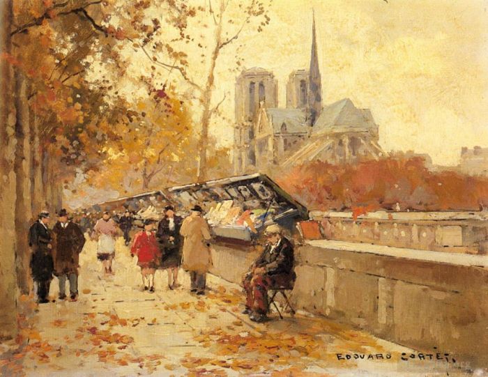 Édouard-Léon Cortès Peinture à l'huile - Libraires le long de la seine vue notre dame