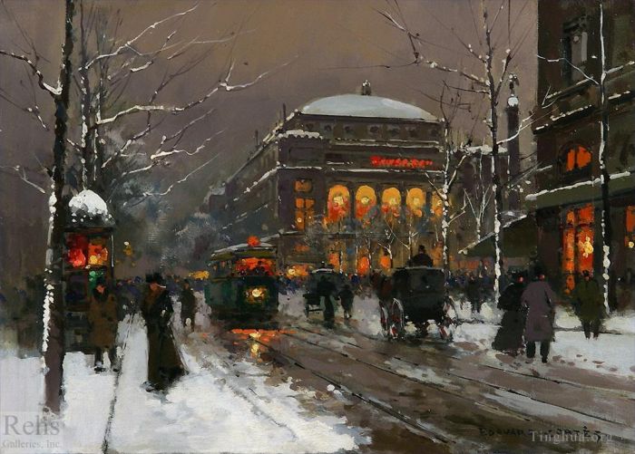 Édouard-Léon Cortès Peinture à l'huile - Châtelet en hiver