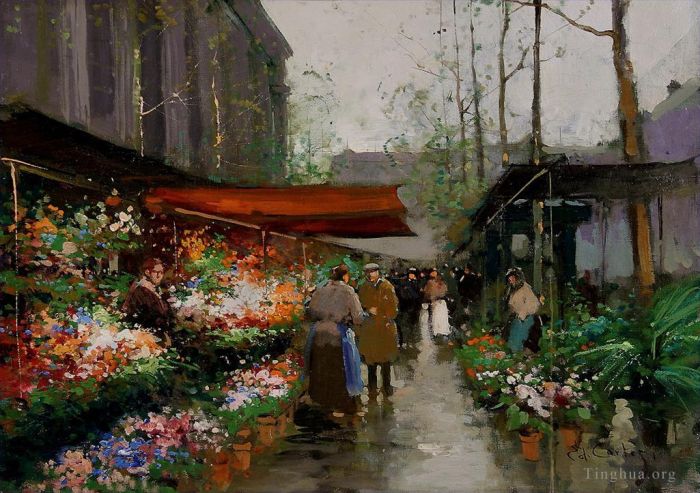 Édouard-Léon Cortès Peinture à l'huile - Marché aux fleurs à la madeleine 2