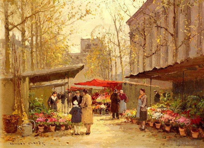 Édouard-Léon Cortès Peinture à l'huile - Marché aux fleurs à la madeleine