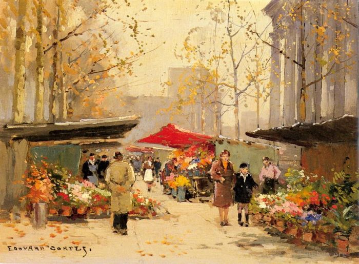 Édouard-Léon Cortès Peinture à l'huile - Flower stalls at la madeleine