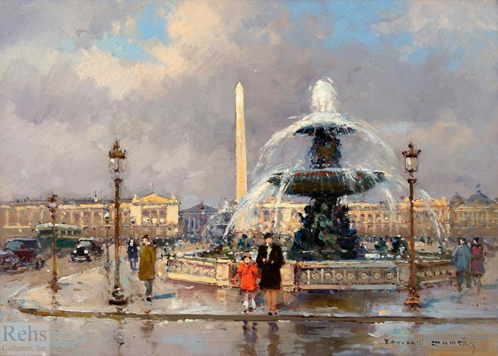 Édouard-Léon Cortès Peinture à l'huile - Fontaine sur la place de la Concorde
