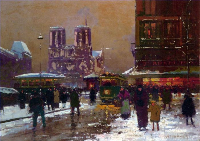 Édouard-Léon Cortès Peinture à l'huile - Notre dame saint Michel sous la neige