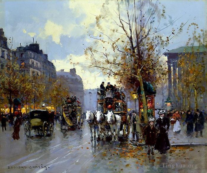 Édouard-Léon Cortès Peinture à l'huile - Omnibus sur la place de la madeleine 1