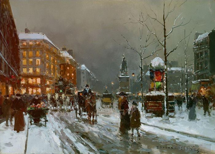 Édouard-Léon Cortès Peinture à l'huile - Place de clichy en hiver