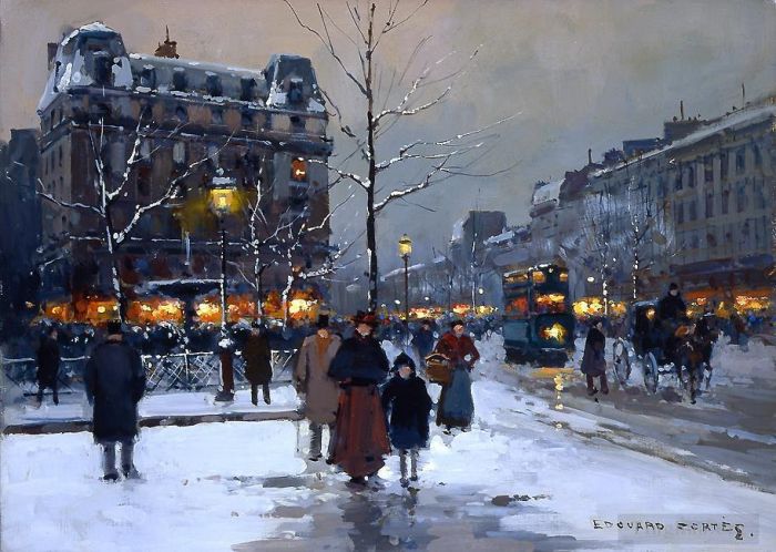 Édouard-Léon Cortès Peinture à l'huile - Place pigalle winter evening
