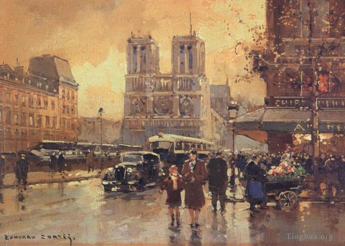 Édouard-Léon Cortès Peinture à l'huile - Place Saint Michel Notre Dame 4