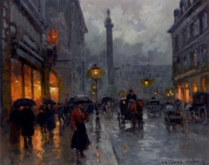 Édouard-Léon Cortès Peinture à l'huile - Place vendome in rain