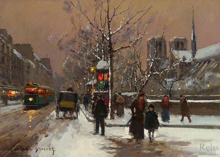 Édouard-Léon Cortès Peinture à l'huile - Quai de montebello hiver