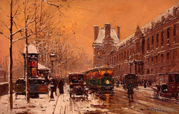 Édouard-Léon Cortès Peinture à l'huile - Quay du louvre winter 1