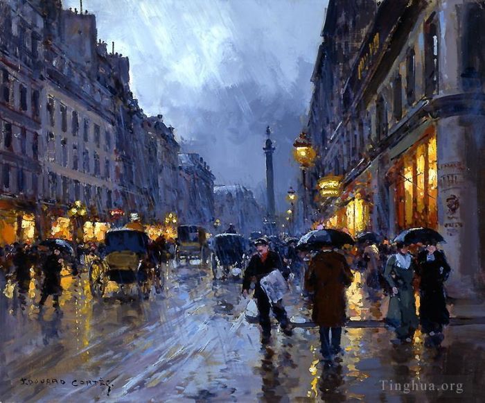 Édouard-Léon Cortès Peinture à l'huile - Rue de la paix rain