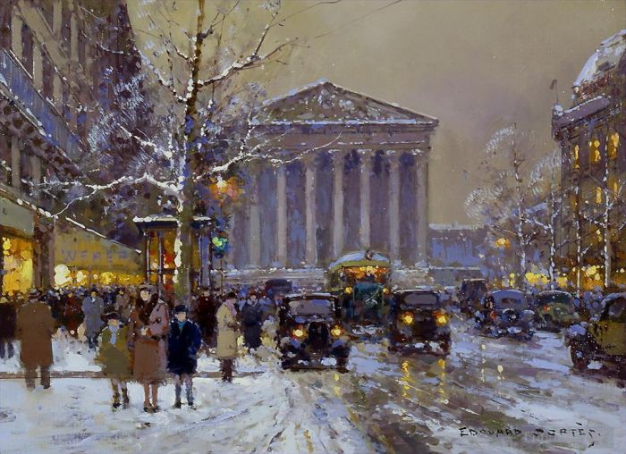 Édouard-Léon Cortès Peinture à l'huile - Rue royale madeleine hiver