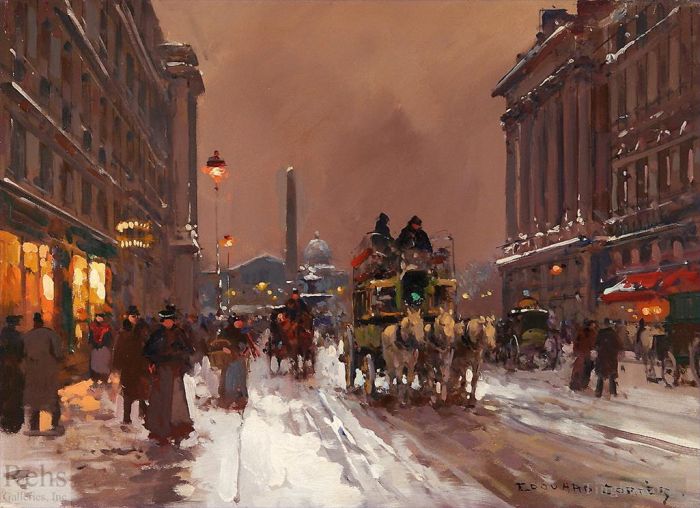 Édouard-Léon Cortès Peinture à l'huile - Rue royale hiver
