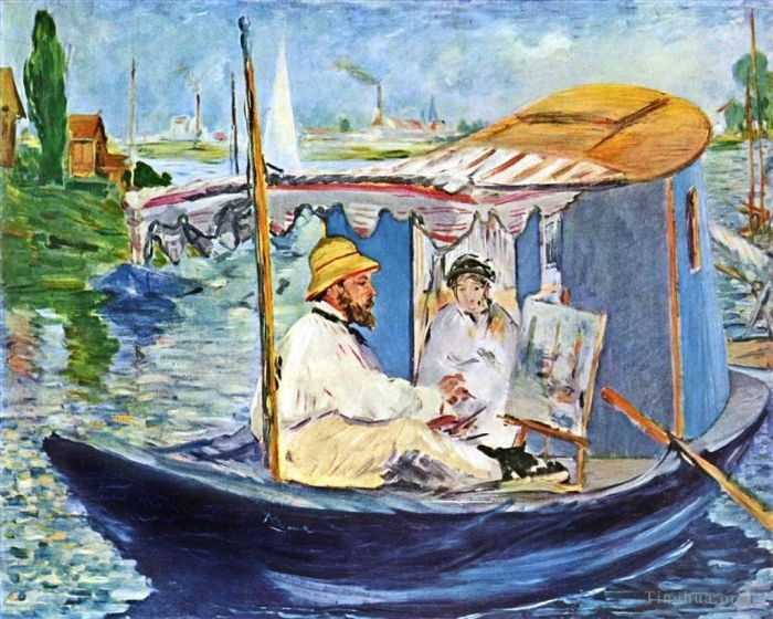 Édouard Manet Peinture à l'huile - Claude Monet peignant dans son atelier (Monet sur son bateau)