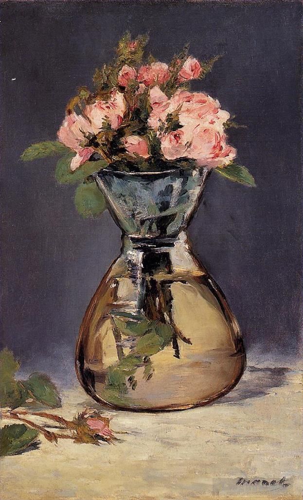 Édouard Manet Peinture à l'huile - Roses mousse dans un vase