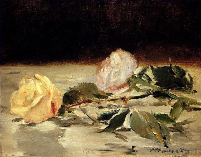Édouard Manet Peinture à l'huile - Deux roses sur une nappe