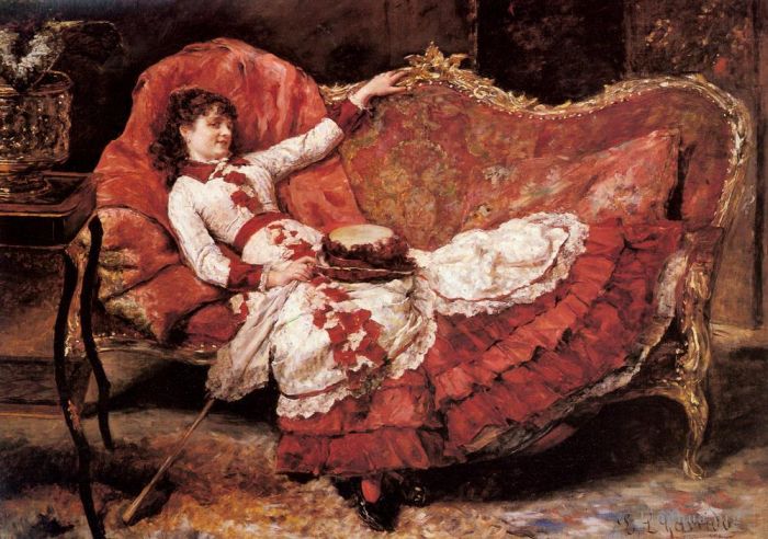 Eduardo León Garrido Peinture à l'huile - Une dame élégante dans une robe rouge