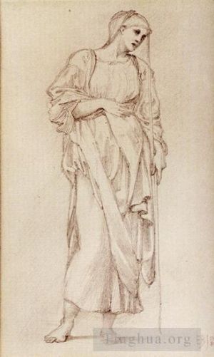 Edward Burne-Jones œuvres - Etude d'Une Figure Féminine Debout Tenant Un Bâton