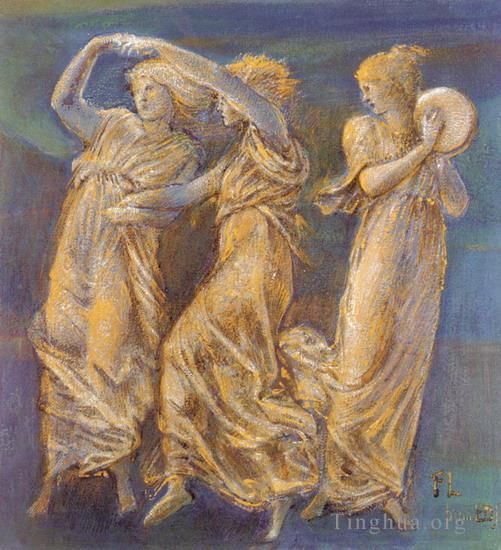 Edward Burne-Jones Types de peintures - Troisfigures féminines dansant et jouant