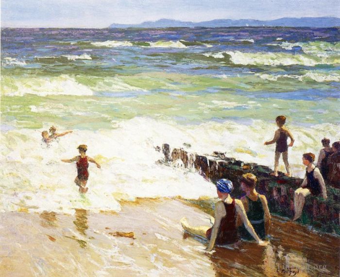 Edward Henry Potthast Peinture à l'huile - Baigneurs au bord du rivage