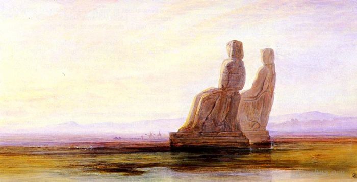 Edward Lear Peinture à l'huile - La plaine de Thèbes avec deux colosses