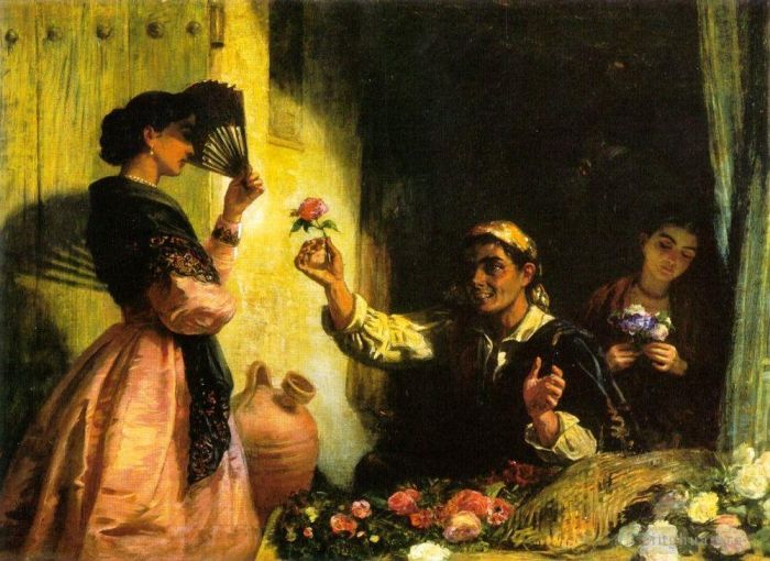 Edwin Longsden Long RA Peinture à l'huile - Un vendeur de fleurs espagnol
