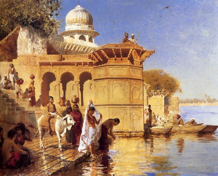 Edwin Lord Weeks Peinture à l'huile - Le long des Ghats Mathura