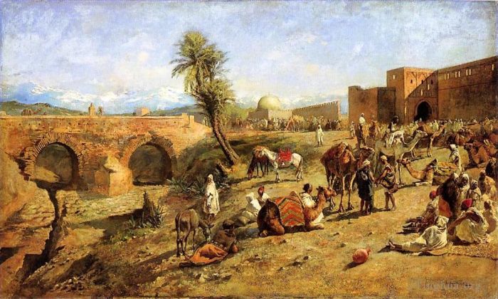 Edwin Lord Weeks Peinture à l'huile - Arrivée d'une caravane à l'extérieur de la ville du Maroc
