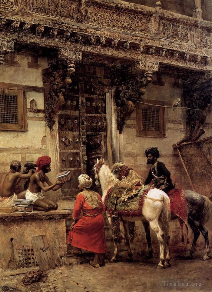 Edwin Lord Weeks Peinture à l'huile - Artisan vendant des caisses par un bâtiment en bois de teck Ahmedabad