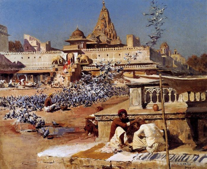 Edwin Lord Weeks Peinture à l'huile - Nourrir les pigeons sacrés Jaipur