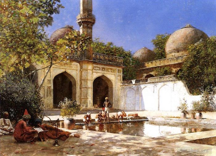 Edwin Lord Weeks Peinture à l'huile - Personnages dans la cour d'une mosquée