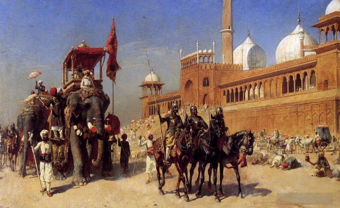 Edwin Lord Weeks Peinture à l'huile - Grand Mogol et sa cour revenant de la Grande Mosquée de Delhi Inde Edwin Lord Weeks